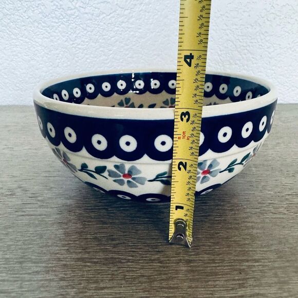 Boleslawiec Polish Pottery Blue Circles Floral Ceramic Soup Bowl - Picture 3 of 6